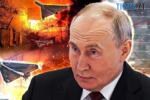 колаж: путін,шахеди та палаючі будинки